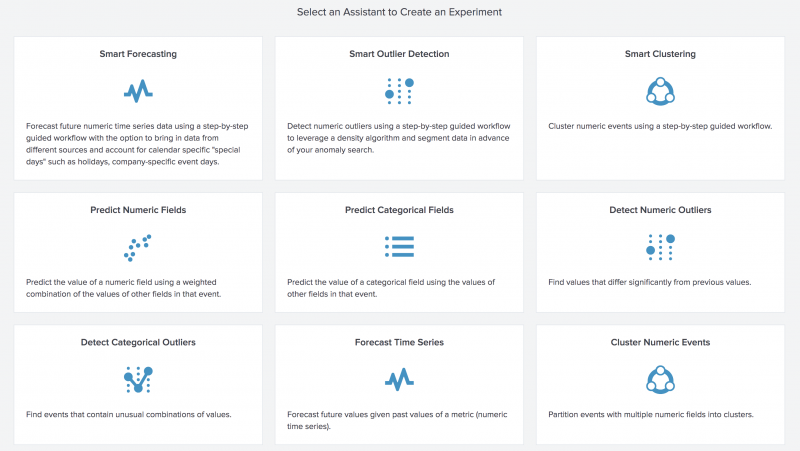 This image shows the landing page a user sees when they first select Experiments. Each areas of machine learning covered by Experiment Assistants is displayed, along with brief descriptions of each one.