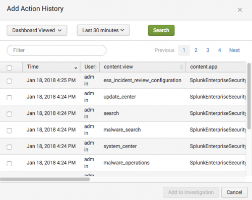 Screen image of the "dashboard viewed" action history items for an analyst.
