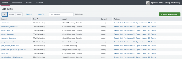 This image shows the Lookups tab of the Splunk App for Lookup File Editing App.
