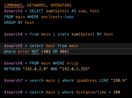 This image shows search examples where command names, keywords, and logical operators are colored blue. For example, in the SPL "stats sum(bytes) BY host" the stats command and the BY keyword are colored blue. In the SPL "WHERE srcip BETWEEN "192.0.2.0" AND "192.0.2.255" " the WHERE command and the BETWEEN and AND operators are colored blue.