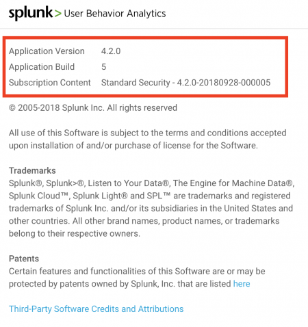This screen image shows the About UBA popup window, which details the installed platform and content versions of Splunk UBA. The relevant fields are described in the following text.