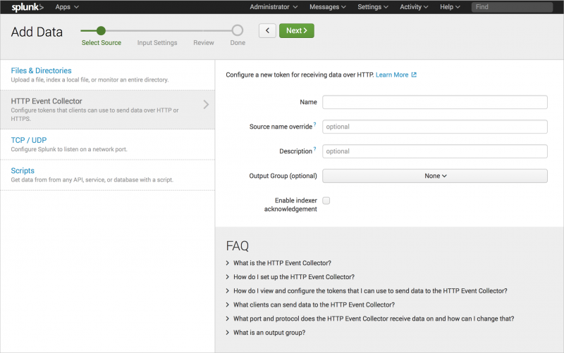 Screen shot of HTTP Event Collector new token Select Source page