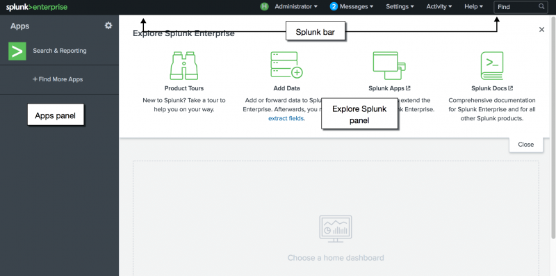 This image shows the Splunk Home page for Splunk Enterprise. The Apps panel extends the full length of the left side of the window. The Splunk bar is at the top of the window. The  Explore Splunk panel contains several large icons.
