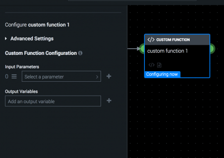 This screen image shows a custom block on the VPE. The main elements are Input and Output parameters, which are described in the sections immediately following this image.