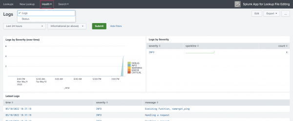 This image shows the Health tab of the Splunk App for Lookup File Editing App. There are two options within the tab drop-down menu, one for Logs and the other for Status. This image shows the Status page.