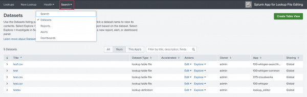 This image shows the Health tab of the Splunk App for Lookup File Editing App.