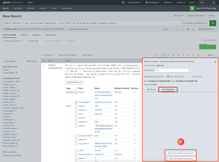 This image shows a preview of host data from Splunk Observability Cloud in the Related Content panel.