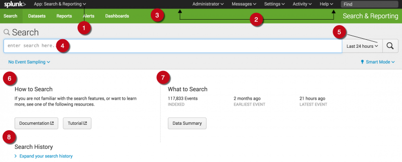 The Search Summary page on Splunk Web contains multiple frequently referenced UI elements. The following table describes each element, numbered on the image.