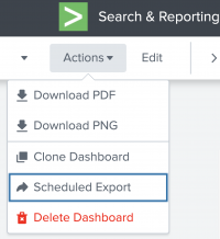 A dropdown with various actions available for a dashboard, such as downloading, cloning, scheduling an export, or deleting.