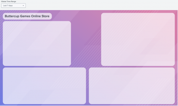Dashboard with a purple background, a time range, a title, and four grey rectangles.