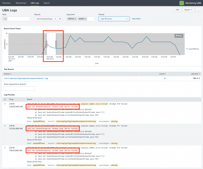 This screen image shows details for the output connector log. The relevant elements are described in the text immediately following this image.