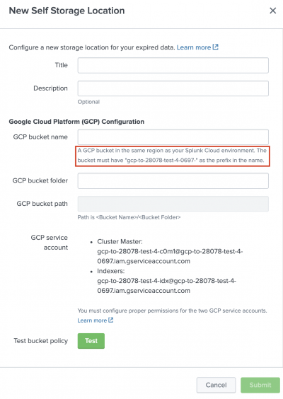 The image shows the New Self Storage Location modal, with an example of the URL prefix that you must include when naming a new GCS bucket.