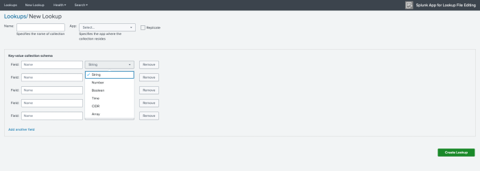 This image shows the screen for when you select to add a new KV Store lookup rather than a CSV.