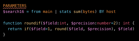 This image shows search examples where parameter names are colored pink. For example, in the SPL "$search16 = FROM main WHERE earliest=-4d" the name of the search "$search16" is colored pink.