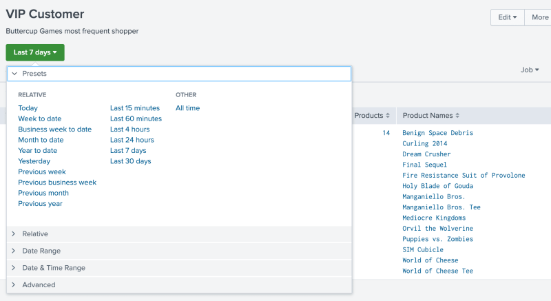 This screen image shows the options in the time range picker. The time range options in a report are the as the same options when you create and run a search.