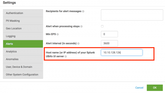 This screenshot shows the Settings window with Alerts selected. The Host name (or IP address) of your Splunk UBA's UI server field contains the IP address 10.10.128.126.