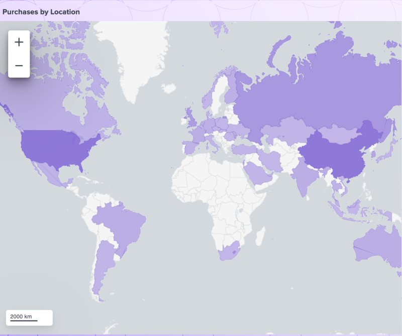 A map with different shades of purple on different geographical locations, each shade showing how many purchases were made in each location.