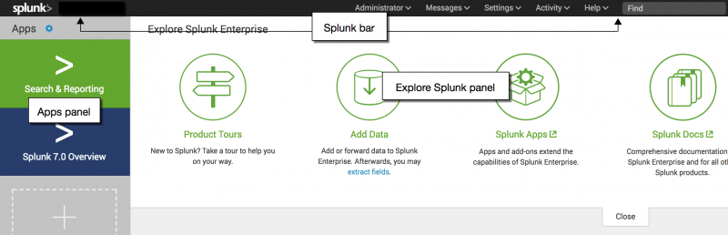 This image shows the Splunk Home page for Splunk Enterprise. There are labels on the Apps panel, the Explore Splunk panel, and the Splunk bar.