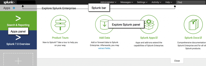 This image shows the Splunk Home page for Splunk Enterprise. The Apps panel extends the full length of the left side of the window. The Splunk bar is at the top of the window. The  Explore Splunk panel contains several large icons.