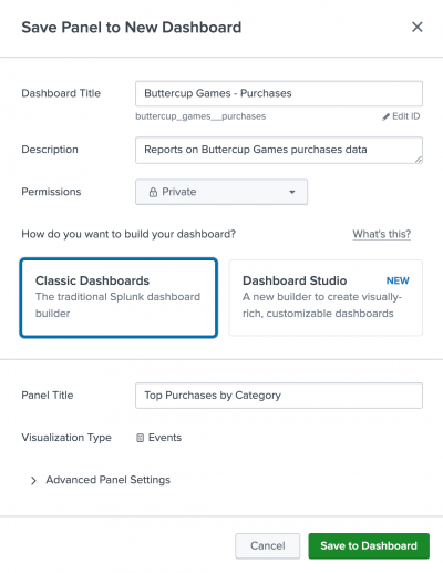 This screen image shows the Save As Dashboard Panel dialog box.  All of the fields are filled in as described in the previous steps.