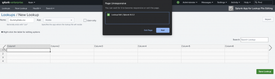 This image shows the Lookup Editor App and a New Lookup page. A pop-up message reads as Page Unresponsive.