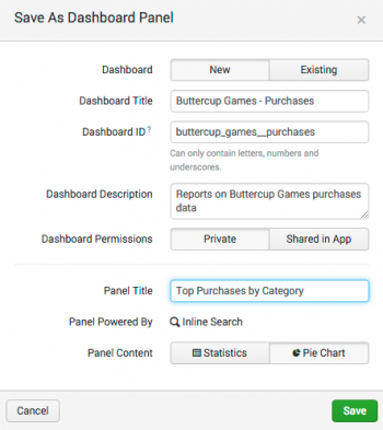 This screen image shows the Save As Dashboard Panel dialog box.  All of the fields are filled in as described in the following steps.