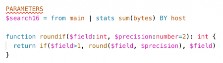 This image shows search examples where parameter names are colored pink. For example, in the SPL "$search16 = FROM main WHERE earliest=-4d" the name of the search "$search16" is colored pink.