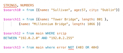 This image shows search examples where strings, which always appear in double quotation marks, are colored light brown. For example, in the SPL "WHERE scrip BETWEEN "192.0.2.0" AND "192.0.2.225"  the IP addresses are colored light brown. Numbers also appear in light brown. For example, in the SPL "error NOT (403 OR 404)" the HTTP error codes are colored light brown.