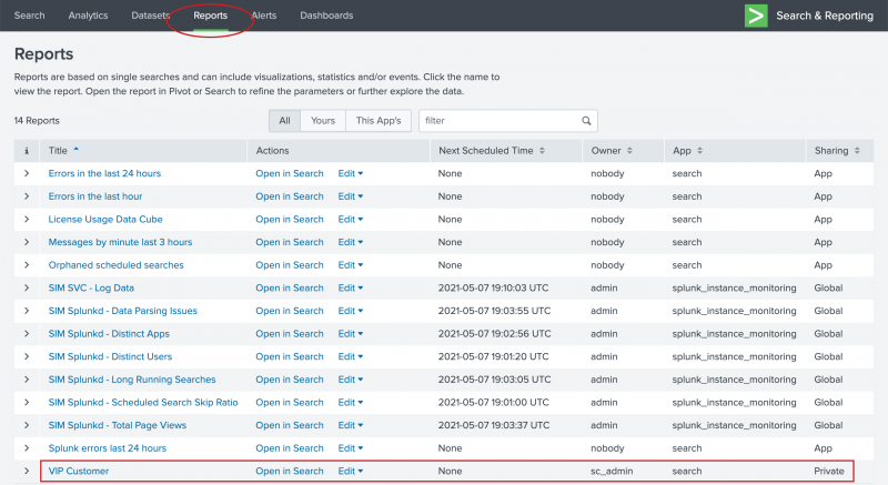 This screen image shows the Reports page. The VIP Customer report that you created is listed at the bottom.  The other reports in the list are built-in reports that come with the Splunk software.
