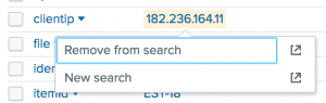 This image shows the clientip value 182.236.164.11 selected and the two options Remove from search and New search.