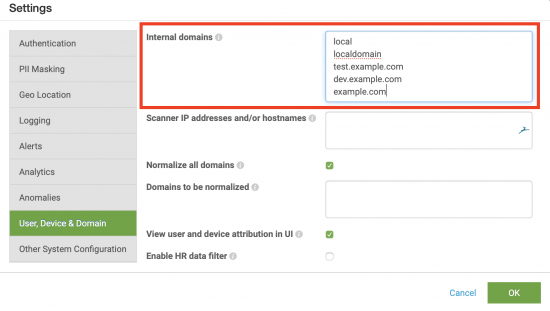 This screenshot shows the Settings dialog with User, Device & Domain selected. The "Internal domais" field is populated with the following domains, each on a separate line: local, localdomain, text.example.com, dev.example.com, and example.com.