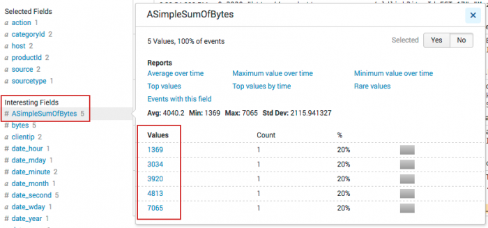 This image shows the ASimpleSumOfBytes field selected in the list of Interesting fields. A popup window shows the cumulative sum of the bytes.