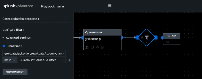 This screen image shows the VPE in Splunk Phantom. From left to right, there is a Start Block connected to a geolocate_ip action block, which is then connected to a filter. The filter block parameters are described in the text immediately following this image.