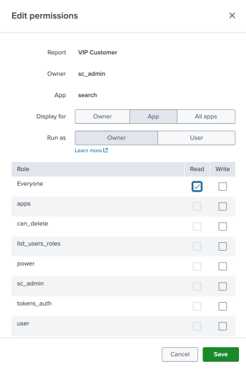 This screen image shows the Edit Permissions dialog box. There is information about the report, such as the report name and owner. There are a list of roles, including everyone, power, and user. You can set read and write permissions.