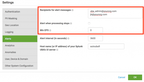 This screenshot shows how to configure email alerts in Splunk UBA. In the Settings window, the Alerts items is selected on the left. In the Recipients for alert messages field, there are two items on separate lines: uba_admin@yourorg.com, and jb@yourorg.com. The checkbox in the Alert when processing stops field is checked. The Min EPS field has a value of 0. Then "Alert interval (in seconds)" field has a value of 3600.