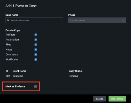 This screen image shows a sample dialog window when marking an event as evidence. There is a Mark as Evidence checkbox that is highlighted in the image.