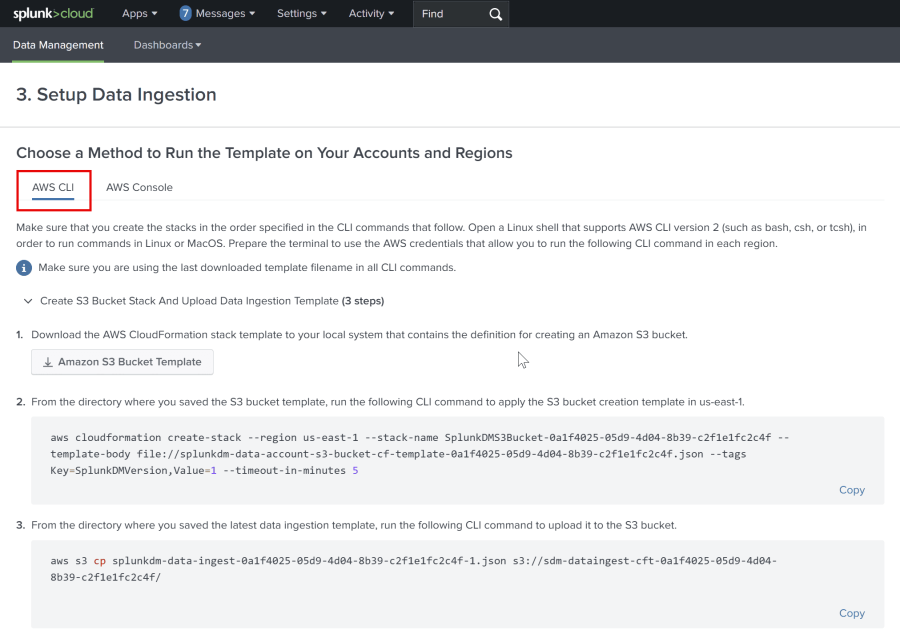 The Setup Data Ingestion page lists the steps to deploy your CloudFormation Template using the AWS CLI.