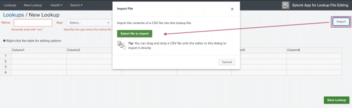 This image shows the New Lookup screen for a new CSV lookup. An button labeled Import has been selected which results in a modal window. In this modal window you can select a CSV file to import from your computer or choose to drag and drop the CSV file in directly.