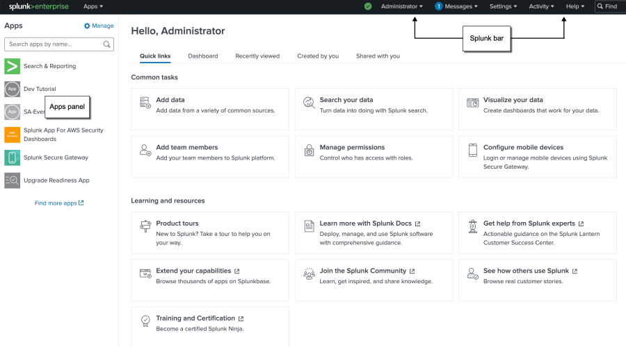 This image shows the Splunk Home page for Splunk Cloud Platform. The Apps panel extends the full length of the left side of the window. The Splunk bar is at the top of the window. The center panel contains a set of quick links for common tasks and another set of learning and resource links.