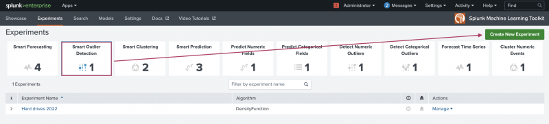 This image shows the Machine Learning Toolkit and the view under the Experiments tab. The Experiment types are displayed from which a user can create a new Experiment of that type. The new Experiment type of Smart Outlier Detection Assistant is highlighted.