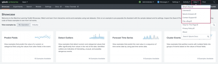 This image shows the Splunk Machine Learning Toolkit Showcase page. The Help drop-down menu in the top right of the page is open, with the options of Splunk Answers, Contact Support, File a Bug, and Help for this Page highlighted.