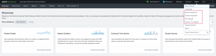 This image shows the Machine Learning Toolkit Showcase page. The Help drop-down menu in the top right of the page is open, with the options of Splunk Answers, Contact Support, File a Bug, and Help for this Page highlighted.