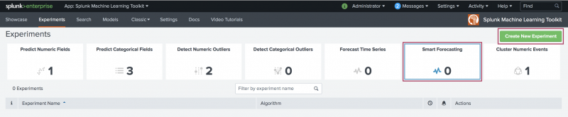 This image shows the Machine Learning Toolkit and the view under the Experiments tab. The Experiment types are displayed from which a user can create a new Experiment of that type. The new Experiment type of Smart Forecasting Assistant is highlighted.