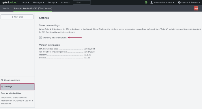 This image shows the Settings tab of Splunk AI Assistant for SPL. A tick-box labeled as Share my data with Splunk is highlighted. From this page in the app you can choose to share or not share some data with Splunk.