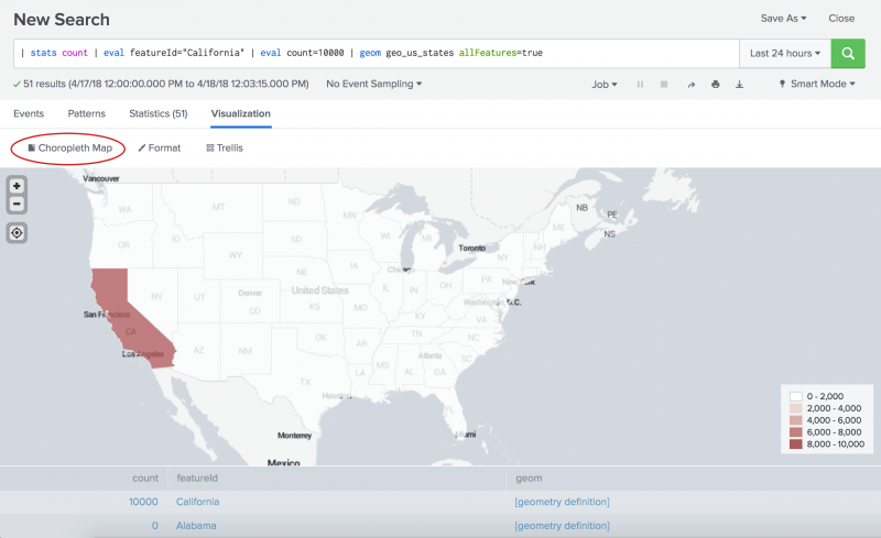 This image shows the results of the search on the Visualization tab. The state of California is highlighted. Because the allFeatures argument is used, all of the other stats in the collection have an outline around their geometric features.