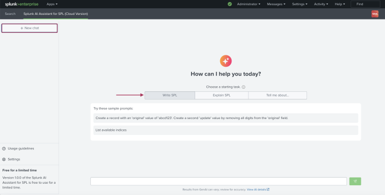 This image shows the main page for Splunk AI Assistant for SPL. From this view you can start a New Chat. This new chat can perform one of three tasks - Write SPL, Explain SPL, or Tell me more about. All chats are saved and can be renamed or deleted from the left side of the page.