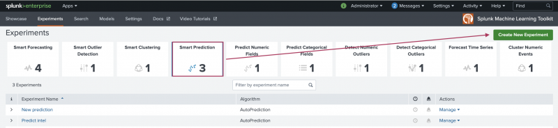This image shows the Machine Learning Toolkit and the view under the Experiments tab. The Experiment types are displayed from which a user can create a new Experiment of that type. The new Experiment type of Smart Prediction Assistant is highlighted.