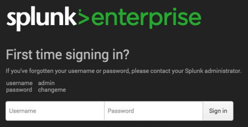 This screen image shows the first time login page for Splunk Enterprise. It shows that the default username is admin and that the default password is changeme.