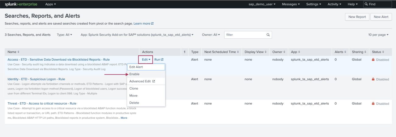 Configure correlation searches in the Splunk Security Add-on for SAP ...