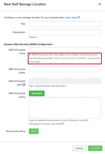 This example shows the Splunk prefix needed when naming a new AWS S3 bucket on the New Self Storage Location dialog box.